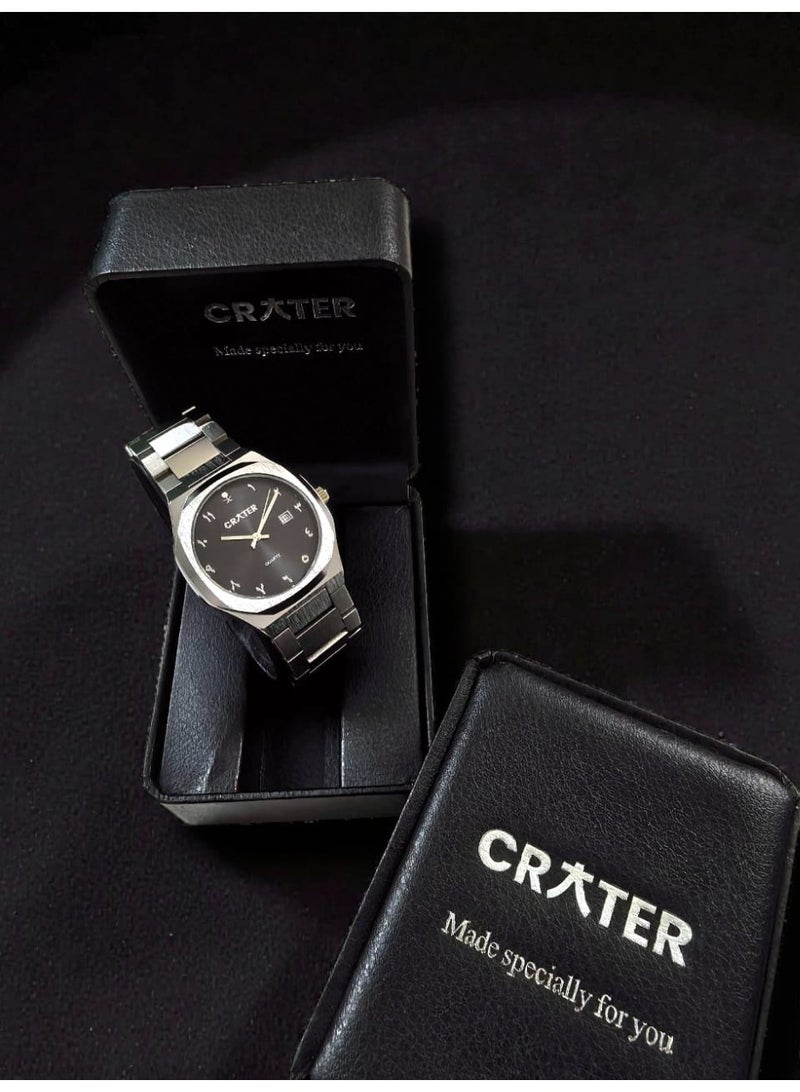 كريتر  ساعة كريتر (CRATER) للرجال – تصميم ملكي فاخر من الستانلس ستيل، مينا كلاسيكي مع عرض التاريخ، مقاومة للماء – تشمل علبة الماركة (فضي /أسود ). - Image 2